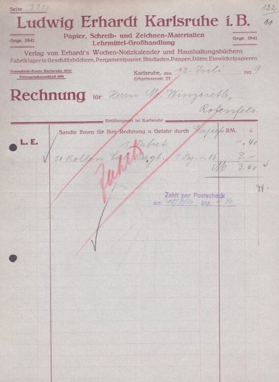 Ludwig Erhardt Papier- und Schreibwaren-Grosshandlung - Rechnung - 12.7.1929