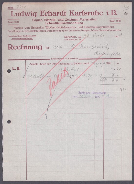 Ludwig Erhardt Papier- und Schreibwaren-Grosshandlung - Rechnung - 12.7.1929