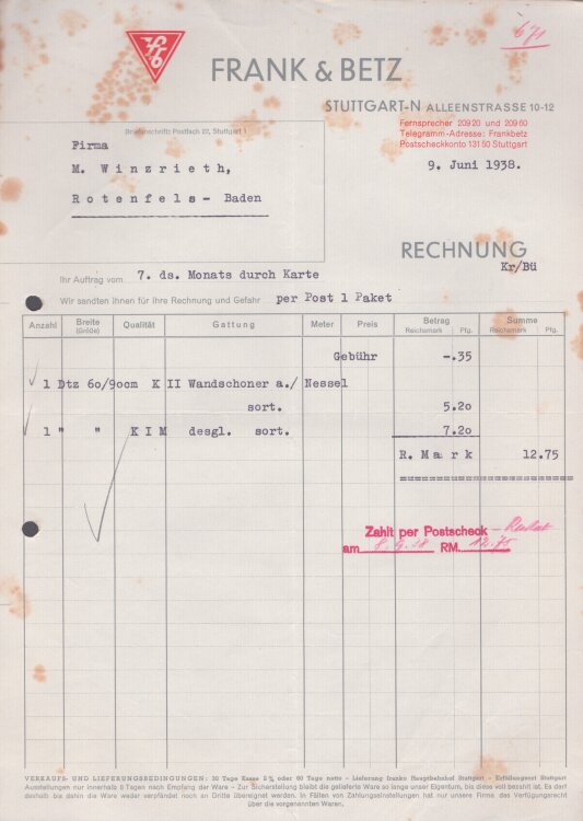 Frank & Betz - Rechnung - 9.6.1938