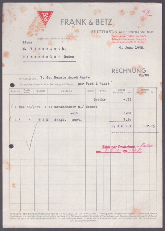 Frank & Betz - Rechnung - 9.6.1938