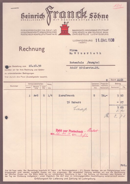 Heinrich Franck Söhne - Rechnung - 11.10.1938