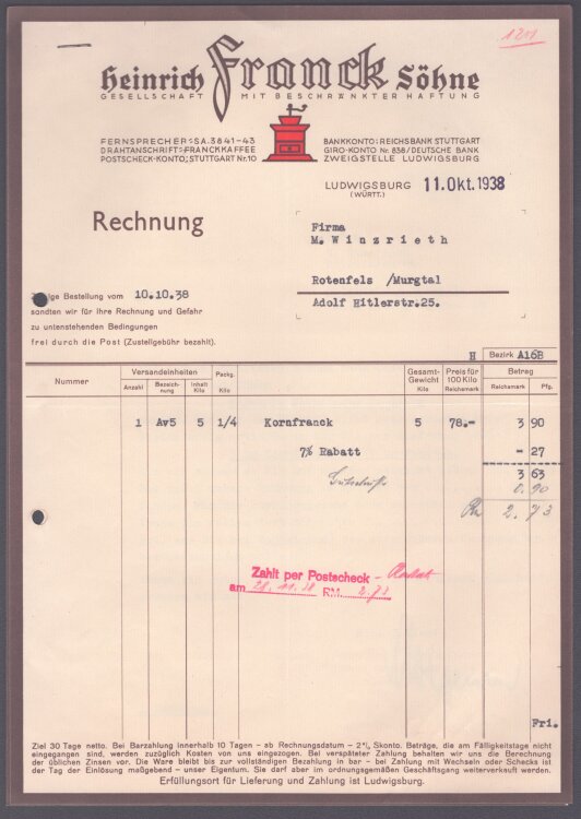 Heinrich Franck Söhne - Rechnung - 11.10.1938