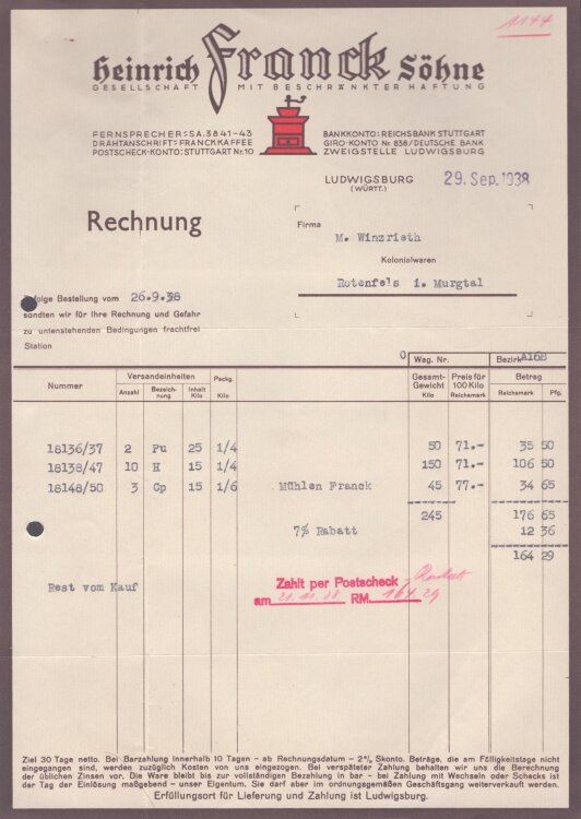 Heinrich Franck Söhne - Rechnung - 29.9.1938