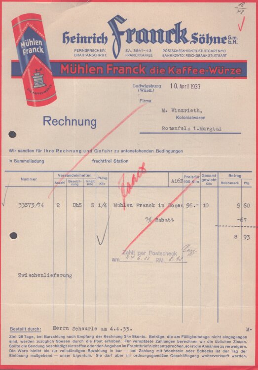 Heinrich Franck Söhne - Rechnung - 10.4.1938