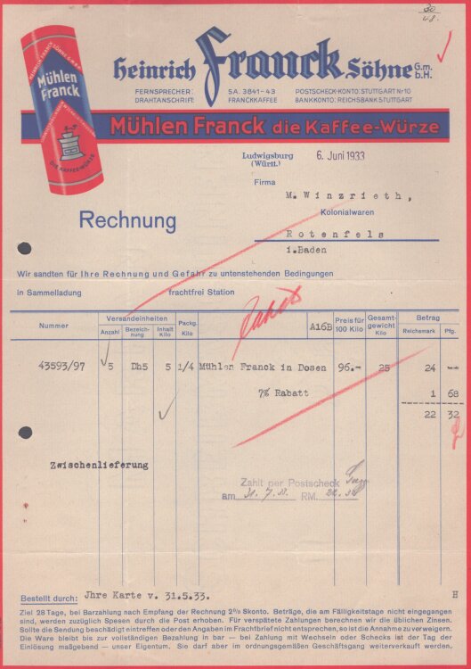 Heinrich Franck Söhne - Rechnung - 6.6.1938