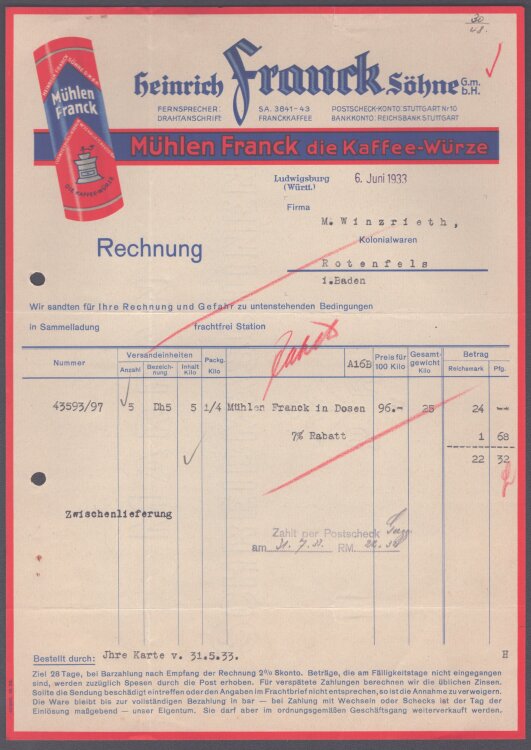 Heinrich Franck Söhne - Rechnung - 6.6.1938