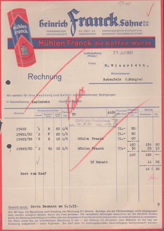 Heinrich Franck Söhne - Rechnung - 21.7.1938