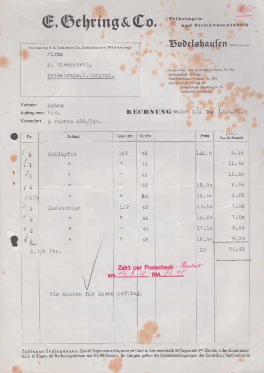 E. Gehring & Co - Rechnung - 13.6.1938