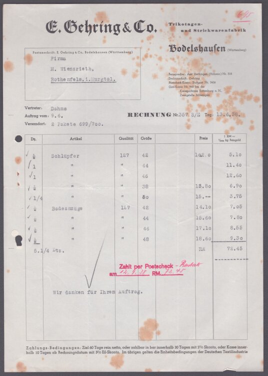 E. Gehring & Co - Rechnung - 13.6.1938