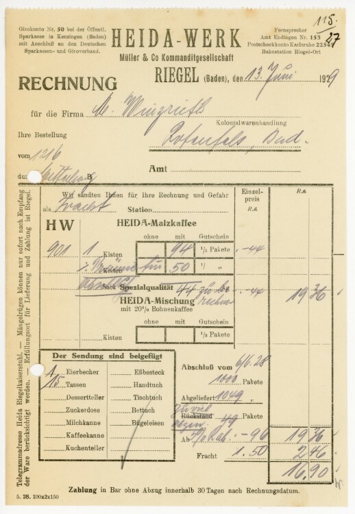 Heida-Werk. Müller &Co Kommanditgesellschaft  - Rechnung  - 13.06.1929