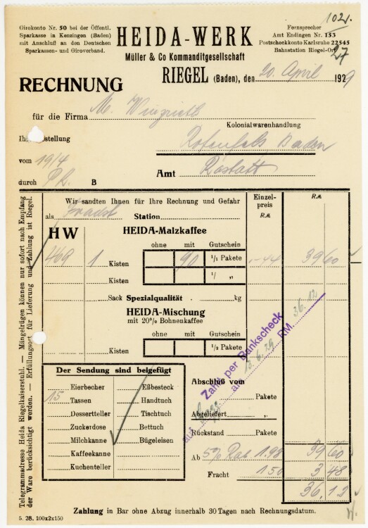 Heida-Werk. Müller &Co Kommanditgesellschaft  - Rechnung  - 20.04.1929