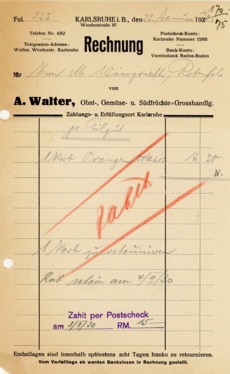 A.Walter Obst-, Gemüse- und Südfrüchte-Großhandlung.  - Rechnung - 23.01.1930