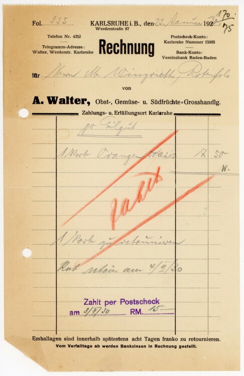 A.Walter Obst-, Gemüse- und Südfrüchte-Großhandlung.  - Rechnung - 23.01.1930