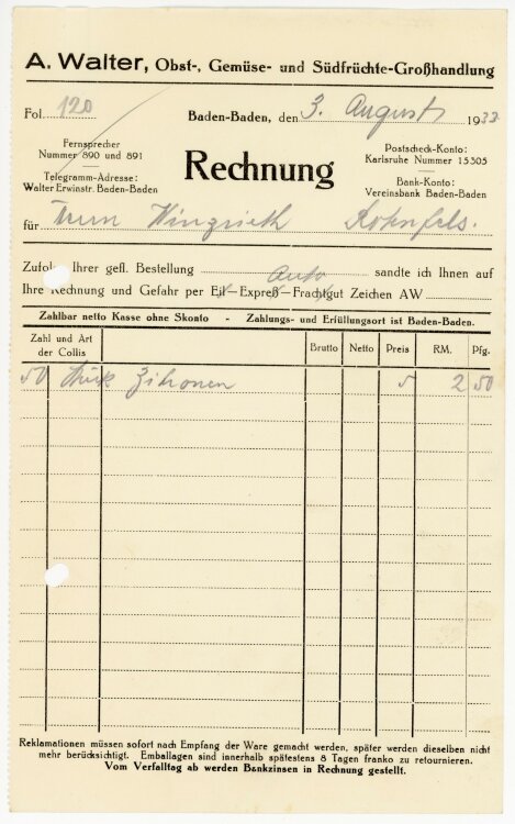 A.Walter Obst-, Gemüse- und Südfrüchte-Großhandlung.  - Rechnung  - 03.08.1933