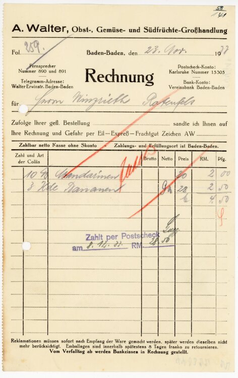 A.Walter Obst-, Gemüse- und Südfrüchte-Großhandlung.  - Rechnung  - 23.11.1933