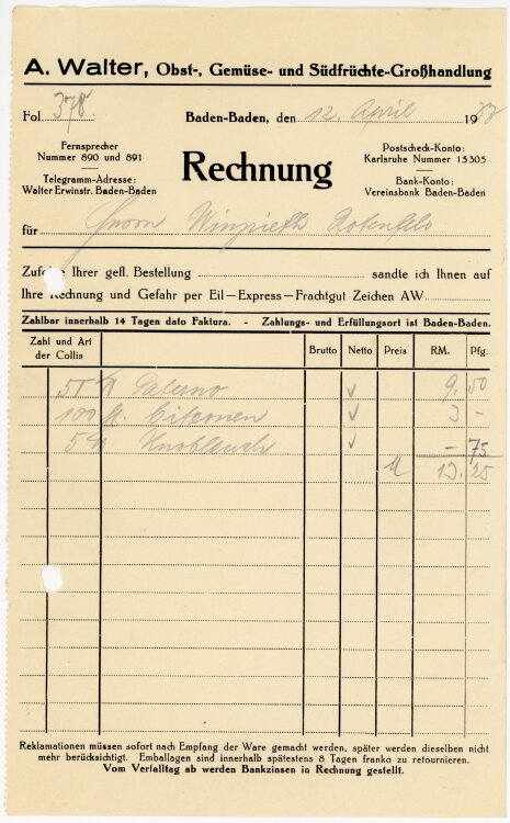 A.Walter Obst-, Gemüse- und Südfrüchte-Großhandlung.  - Rechnung  - 12.04.1933