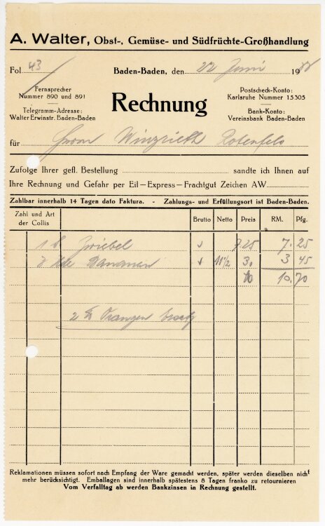 A.Walter Obst-, Gemüse- und Südfrüchte-Großhandlung.  - Rechnung - 22.06.1933