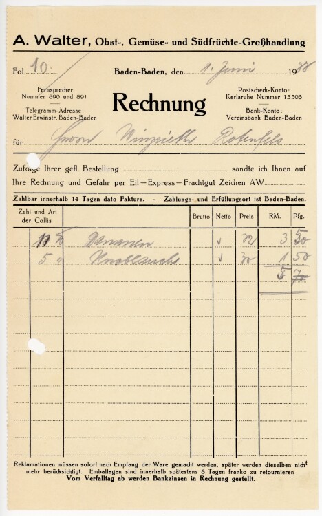 A.Walter Obst-, Gemüse- und Südfrüchte-Großhandlung.  - Rechnung  - 01.06.1933