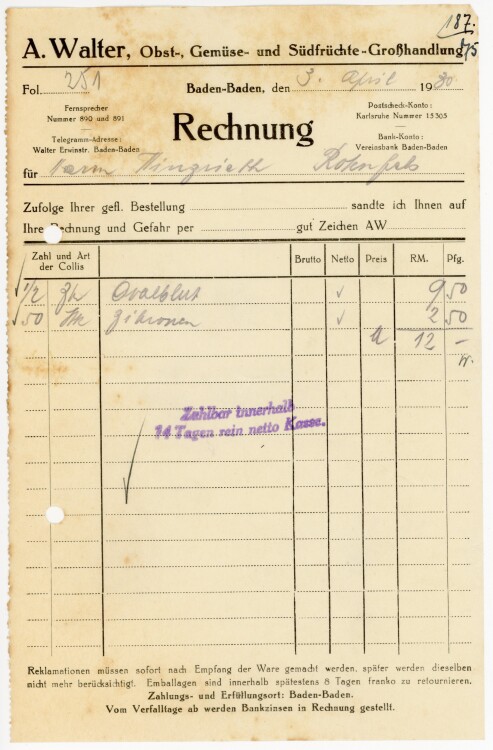 A.Walter Obst-, Gemüse- und Südfrüchte-Großhandlung.  - Rechnung  - 03.04.1930