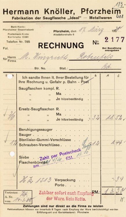 Hermann Knöller, Pforzheim. Fabrikation der Saugflasche “Jdeal” Metallwaren  - Rechnung  - 17.03.1930