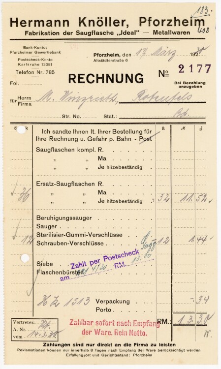 Hermann Knöller, Pforzheim. Fabrikation der Saugflasche “Jdeal” Metallwaren  - Rechnung  - 17.03.1930