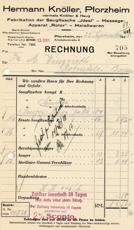 Hermann Knöller, Pforzheim. Fabrikation der Saugflasche “Jdeal” Metallwaren  - Rechnung  - 22.09.1928