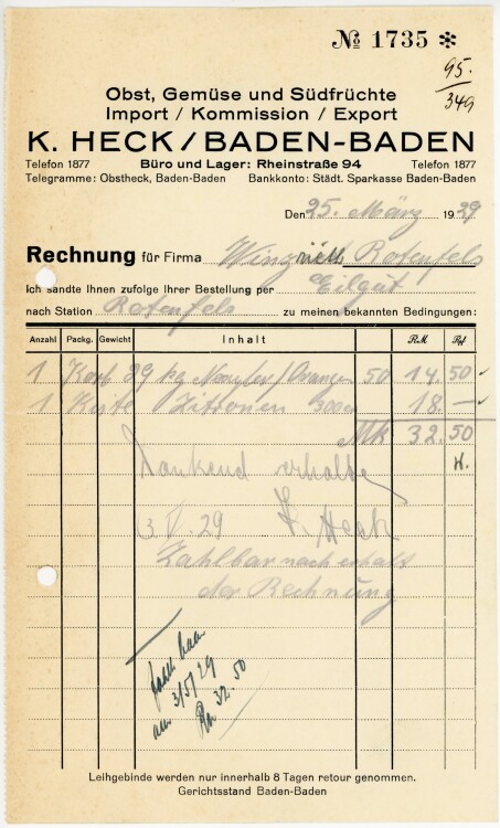 K. Heck, Baden-Baden. Obst, Gemüse und Südfrüchte. Import, Kommission, Export. - Rechnung  - 25.03.1929
