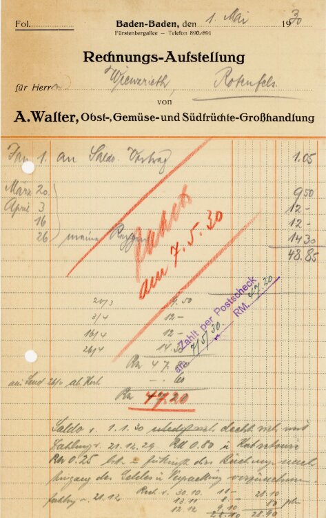 A.Walter Obst-, Gemüse- und Südfrüchte-Großhandlung.  - Rechnung  - 01.05.1930