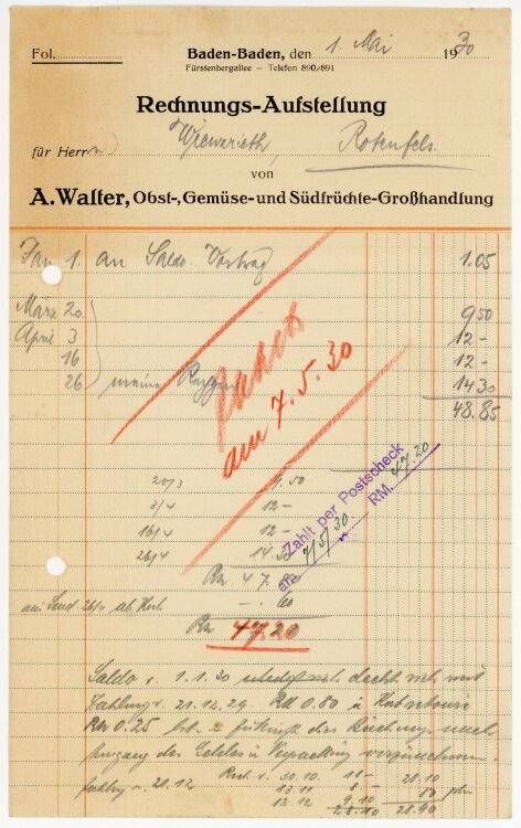 A.Walter Obst-, Gemüse- und Südfrüchte-Großhandlung.  - Rechnung  - 01.05.1930