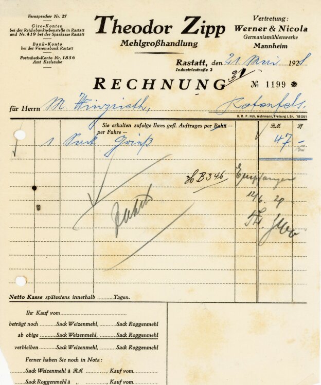 Theodor Zipp Mehlgroßhandlung  - Rechnung  - 21.05.1928