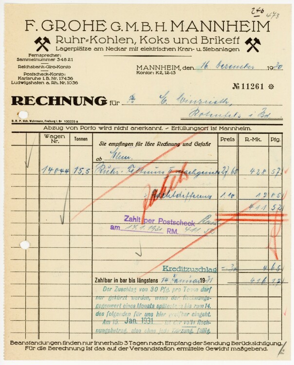 F. Grohe G.M.B.H. Mannheim. Ruhr-Kohlen, Koks und Brikett - Rechnung  - 16.12.1930