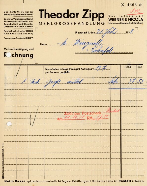 Theodor Zipp Mehlgroßhandlung  - Rechnung - 21:07.1938