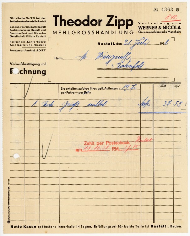Theodor Zipp Mehlgroßhandlung  - Rechnung - 21:07.1938