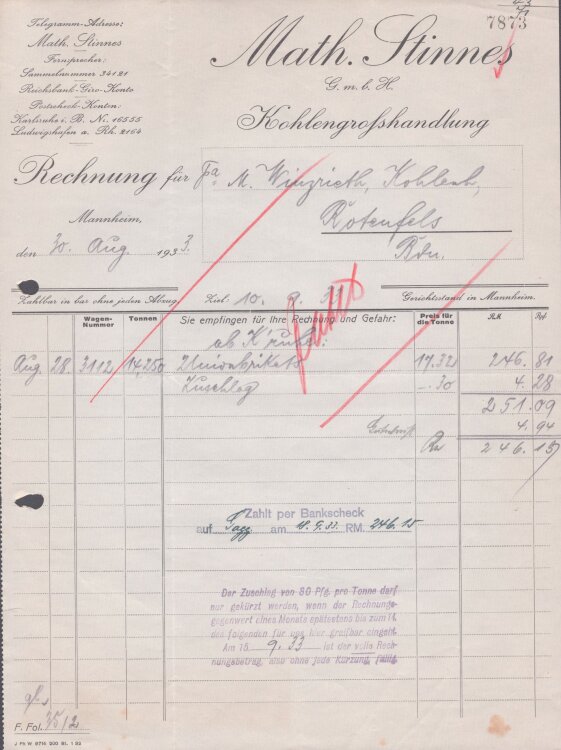 Math Stinnes GmbH Kohlengrosshandlung - Rechnung - 30.8.1933