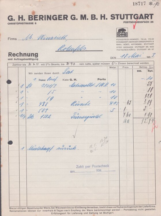 G.H. Beringer GmbH - Rechnung - 18.05.1933