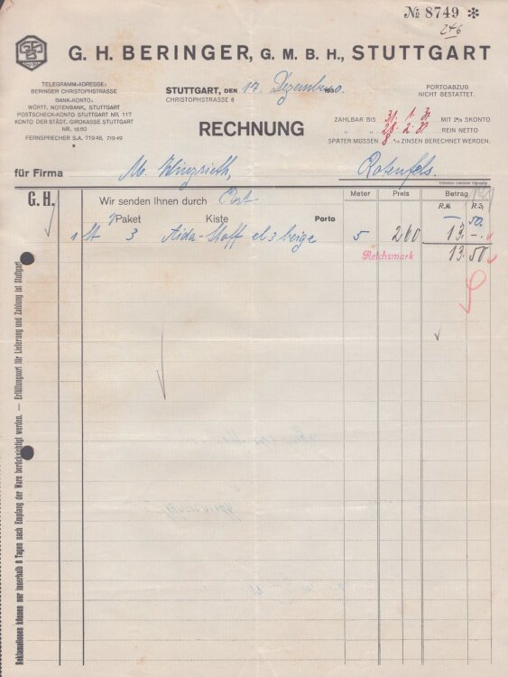 G.H. Beringer GmbH - Rechnung - 17.12.1930