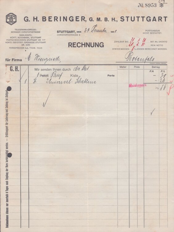 G.H. Beringer GmbH - Rechnung - 24.12.1930