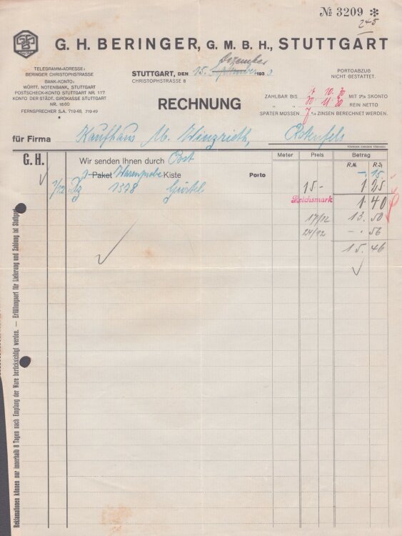 G.H. Beringer GmbH - Rechnung - 15.12.1930