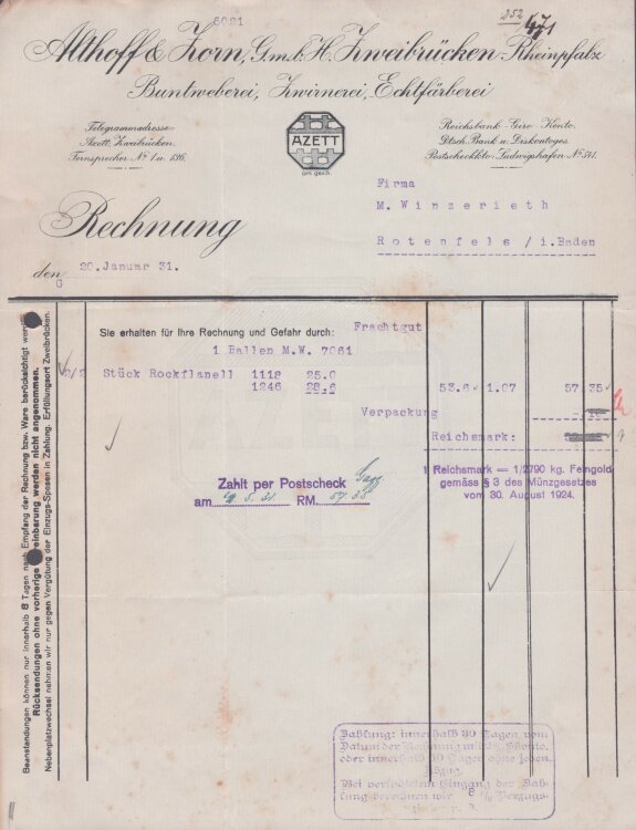 Althoff & Zorn GmbH - Rechnung - 20.1.1931