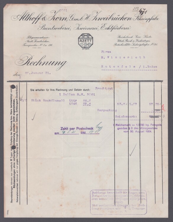 Althoff & Zorn GmbH - Rechnung - 20.1.1931
