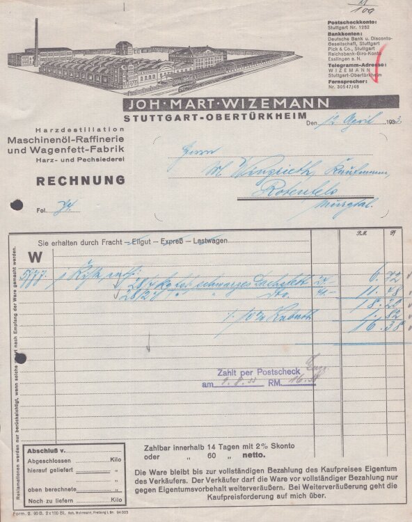 Joh. Mart. Wizemann - Rechnung - 12.3.1933