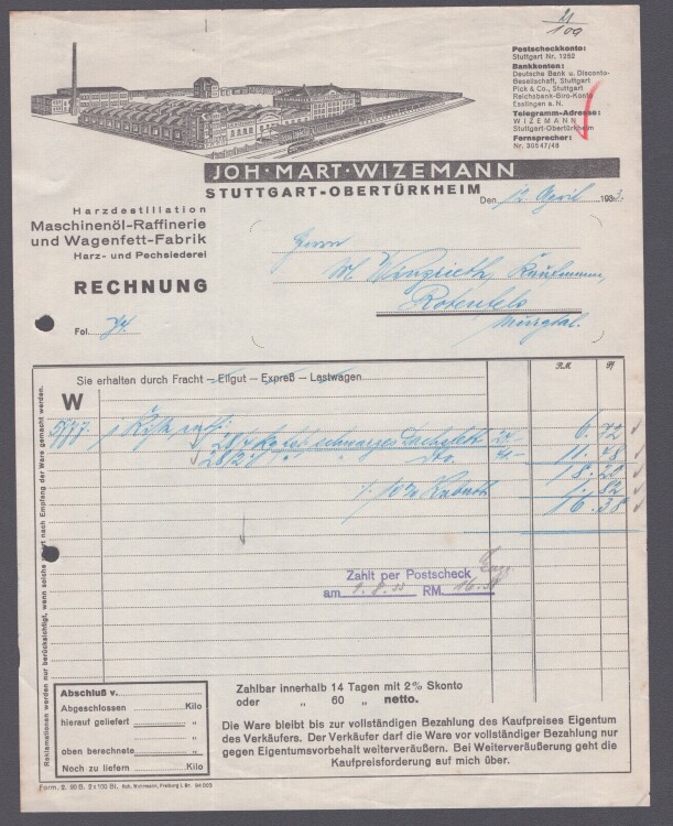 Joh. Mart. Wizemann - Rechnung - 12.3.1933