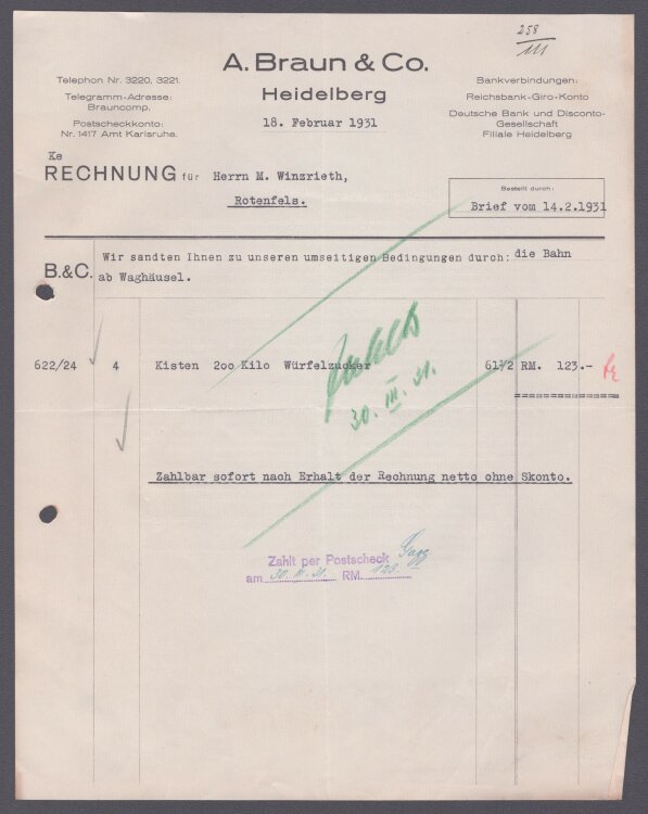 A. Braun & Co - Rechnung - 14.2.1931