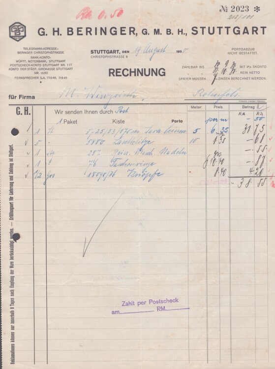 G.H. Beringer GmbH - Rechnung - 19.08.1930
