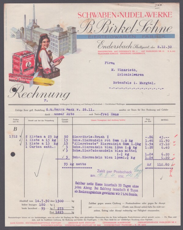 Schwaben-Nudel-Werke B. Birkel Söhne - Rechnung - 08.12.1930