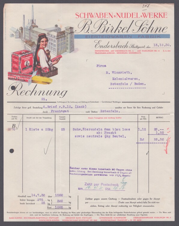 Schwaben-Nudel-Werke B. Birkel Söhne - Rechnung - 13.12.1930