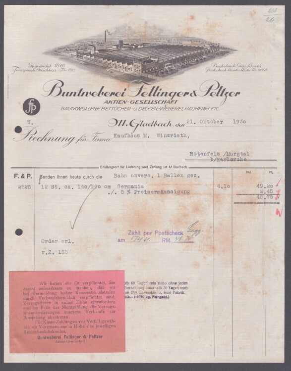 Buntweberei Fellinger & Peltzer - Rechnung - 21.10.1930