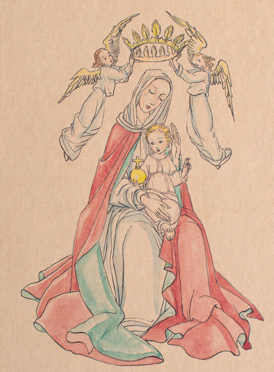 Tilde Eisgruber - Jungfrau Maria hält das Jesuskind - um 1900 - Handkolorierte Steinzeichnung