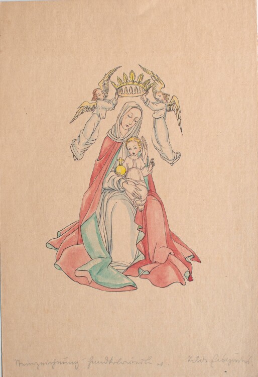 Tilde Eisgruber - Jungfrau Maria hält das Jesuskind - um 1900 - Handkolorierte Steinzeichnung