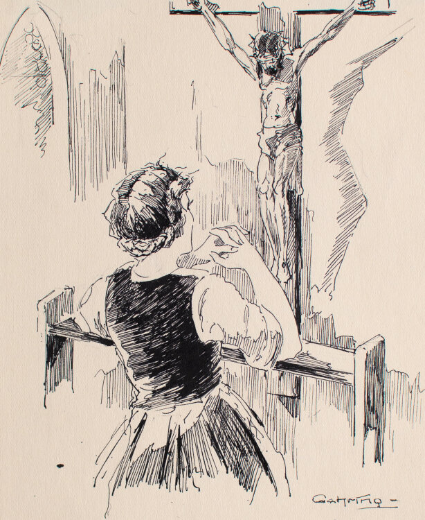 Albert Gehring - Betende Bäuerin - Anfang 20. Jahrhundert - Feder Zeichnung
